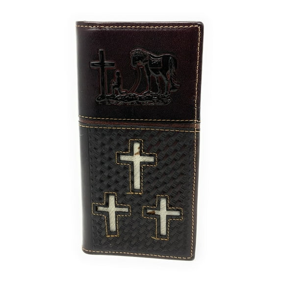 Western Mens Embossed Basketweave Cowhide Cross Praying Cowboy Long Wallet in 3 Colors