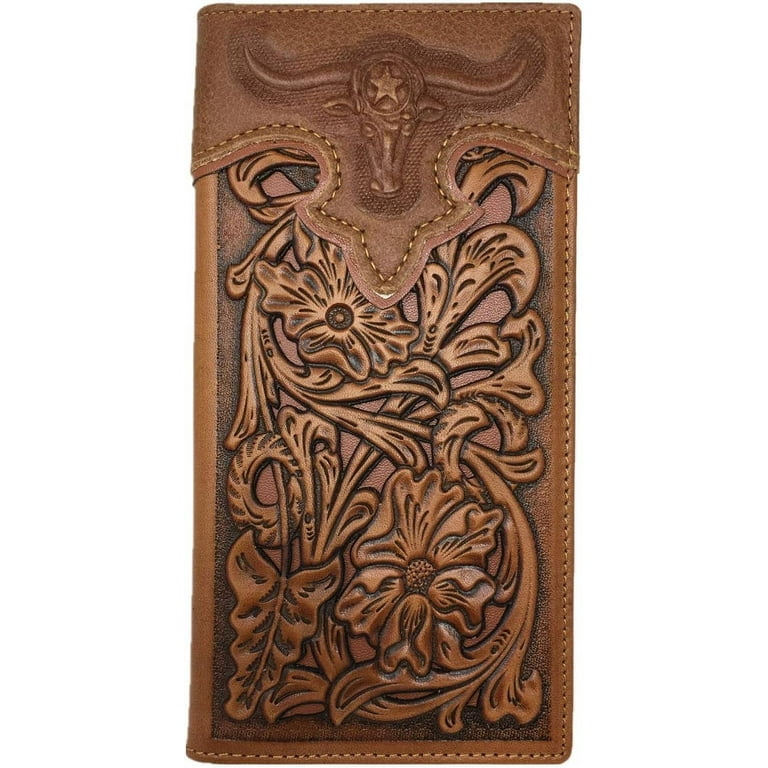 Western Mens Leather Longhorn Floral Tooled Laser Cut Lone