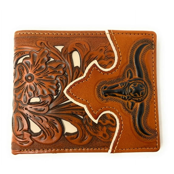 Western Mens Leather Longhorn Floral Tooled Laser Cut Long Wallet