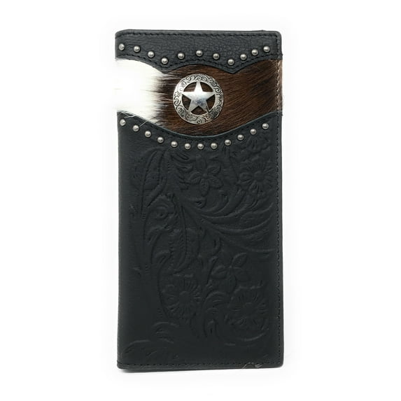 Western Mens Ostrich Genuine Leather Lone Star Long Cowhide Stud Bifold Wallet