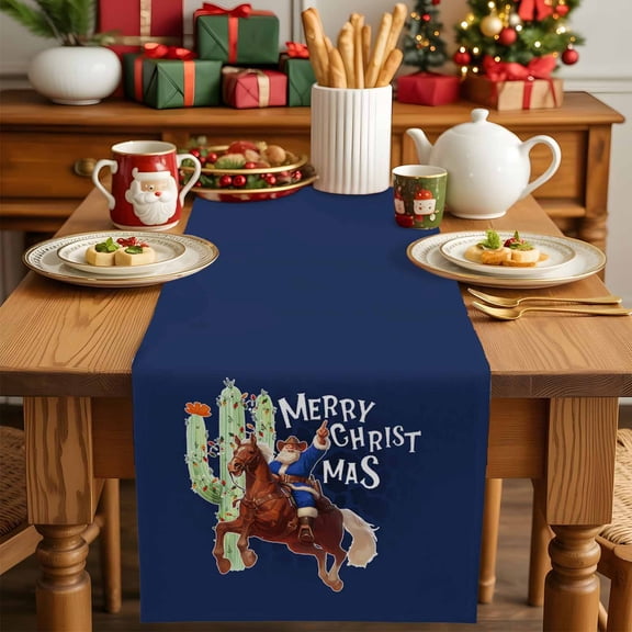 Western Merry Christmas Cactus Santa Claus Horse Table Runner 13x90in Non-Slip Cotton Linen Table Runners, Navy Blue Dresser Scarves TableRunner for Dinner Kitchen Dining Wedding Party
