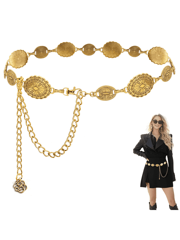 Western Metal Concho Belt for Women Cowgirl Boho Waist Chain Belt for Dresses Jeans Pants