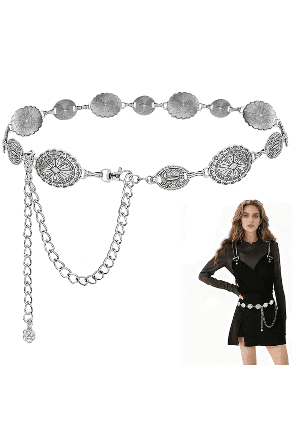 Western Metal Concho Belt for Women Cowgirl Boho Waist Chain Belt for Dresses Jeans Pants