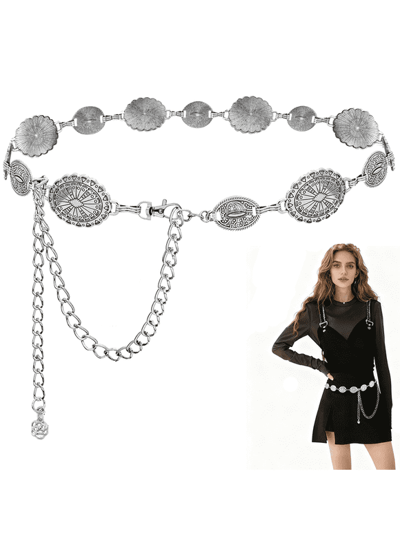 Western Metal Concho Belt for Women Cowgirl Boho Waist Chain Belt for Dresses Jeans Pants