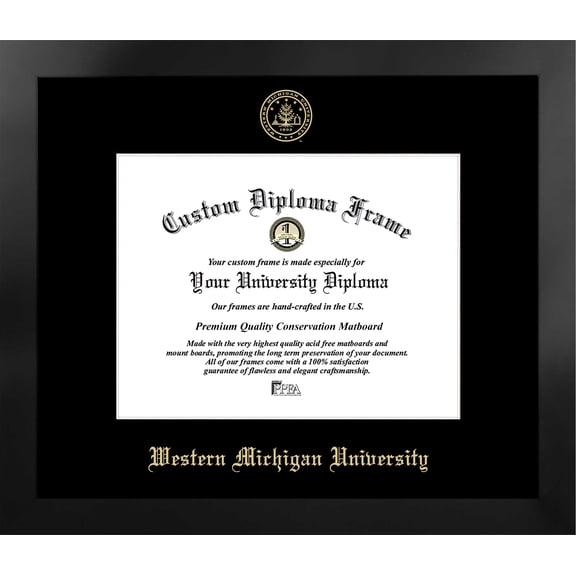 Western Michigan University 11w x 8.5h Manhattan Black Single Mat Gold Embossed Diploma Frame with Bonus Campus Images Lithograph (value savings at $59)