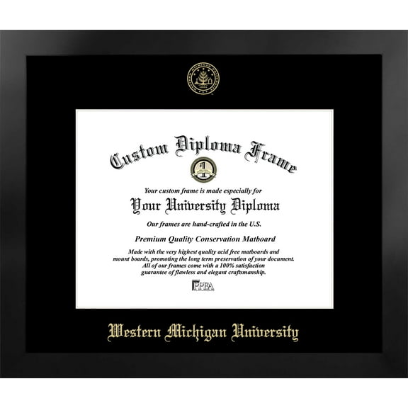 Western Michigan University 14w x 11h Manhattan Black Single Mat Gold Embossed Diploma Frame with Bonus Campus Images Lithograph (value savings at $59)