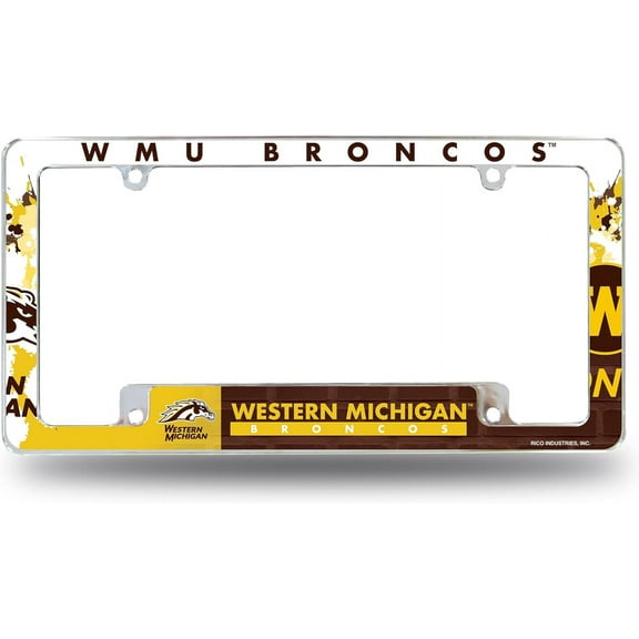 Western Michigan WMU NCAA Broncos Chrome Metal License Plate Frame with Full Frame Team Color Graphics