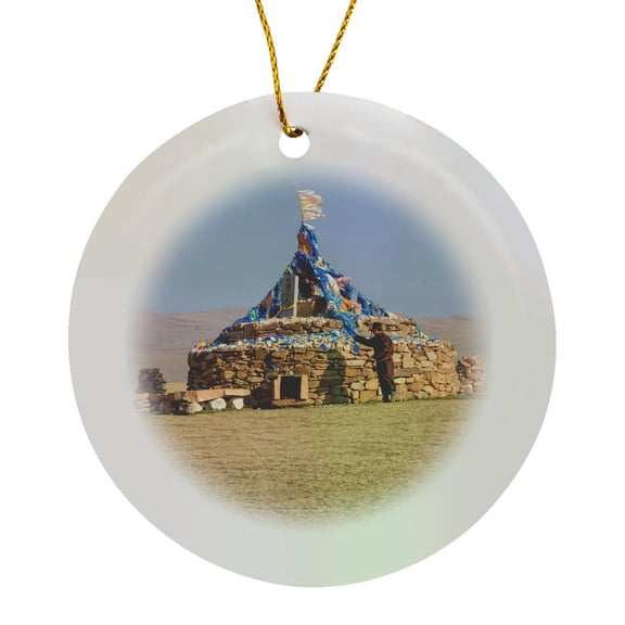 Western Mongolia. Ovoo, Sacred Cairn, Mongolian Shamanic Tradition. , Circle Porcelain Ornament