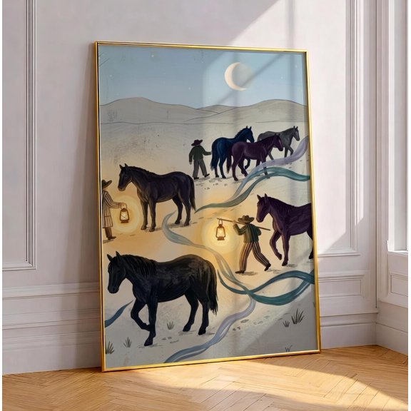 Western Moon Horse Lantern Riders Wall Decor Unframed Paper Print