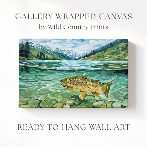 Western Mountain Trout Retro Fishing Painting Lake Landscape Poster