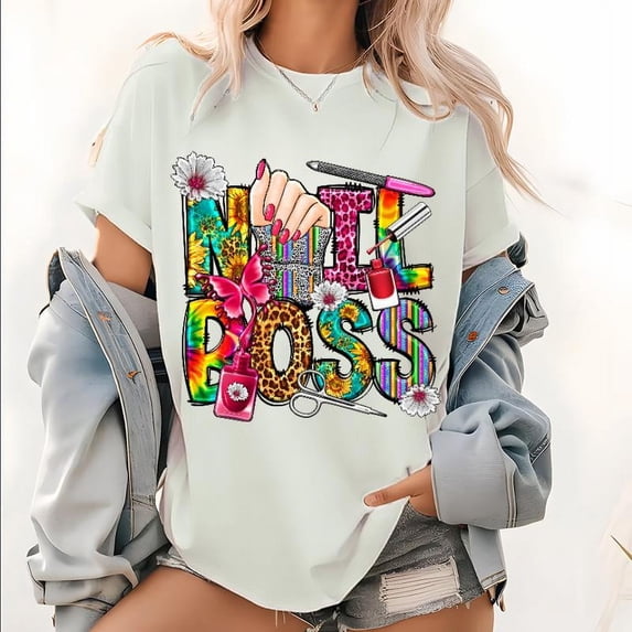 Western Nail Hustler Print T Shirts Leopard Graphic Tees Nail Technician Digital Pattern Tops for Womens White,2XL