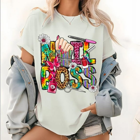 Black Digital Print Western Nail Tech Shirt - Leopard Graphic Hustler Top for Women Nail Technicians