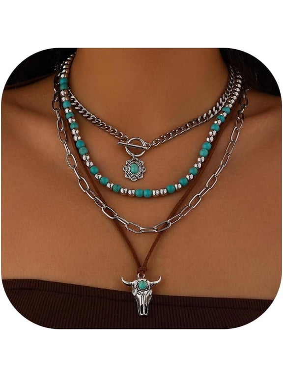 Western Necklaces Boho Layered Charm Necklace for Women Beaded Choker Ox-head Pendant Necklace Western Jewelry for Women Cowgirl Accessories