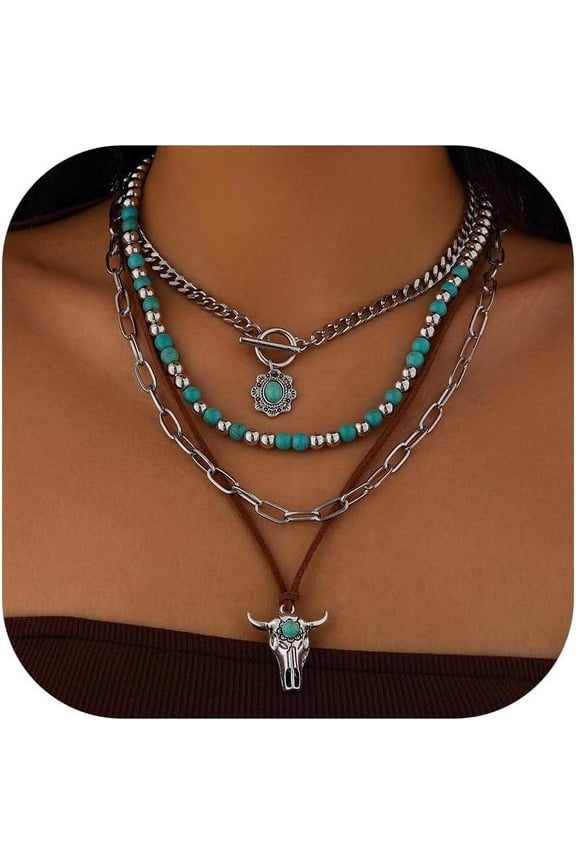 Western Necklaces Boho Layered Charm Necklace for Women Beaded Choker Ox-head Pendant Necklace Western Jewelry for Women Cowgirl Accessories
