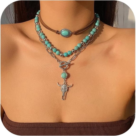 Western Necklaces Boho Layered Charm Necklace for Women Turquoise Beaded Choker Ox-head Pendant Necklace Western Jewelry for Women Cowgirl Accessories