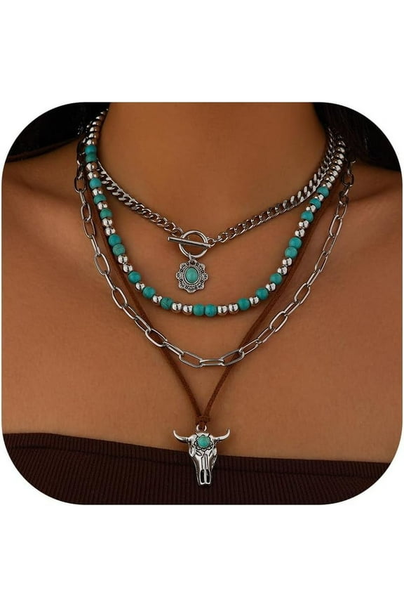 Western Necklaces Boho Layered Charm Necklace for Women Turquoise Beaded Choker Ox-head Pendant Necklace Western Jewelry for Women Cowgirl Accessories