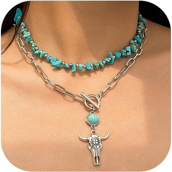 Western Necklaces Boho Layered Charm Necklace for Women Turquoise Beaded Choker Ox-head Pendant Necklace Western Jewelry for Women Cowgirl Accessories
