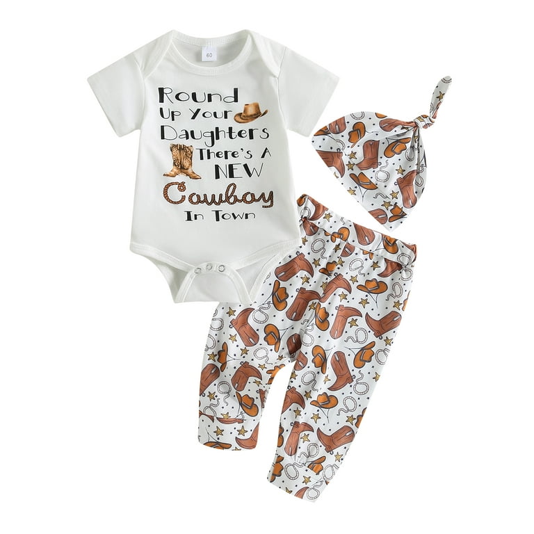 Western Newborn Baby Boy Cowboy Outfits Cow Print Letter Bodysuit Top and  Long Leggings and Cap 3pcs Clothes 
