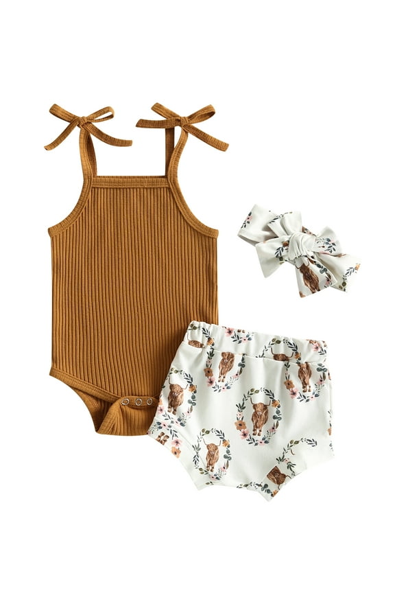 Western Newborn Baby Girl Clothes Infant Sleeveless Knit Solid Romper Cow Print Shorts Headband Set Summer Outfit