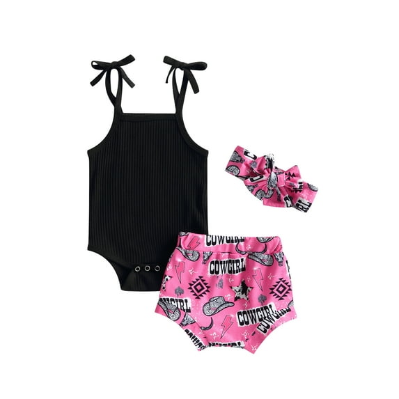 Western Newborn Baby Girl Clothes Infant Sleeveless Knit Solid Romper Cow Print Shorts Headband Set Summer Outfit