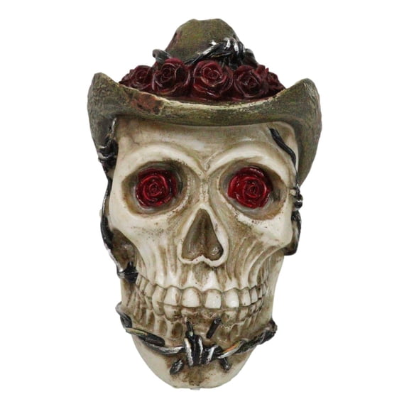 Western Old Wild West Cowboy Skull with Romantic Roses Barbed Wire Hat Figurine