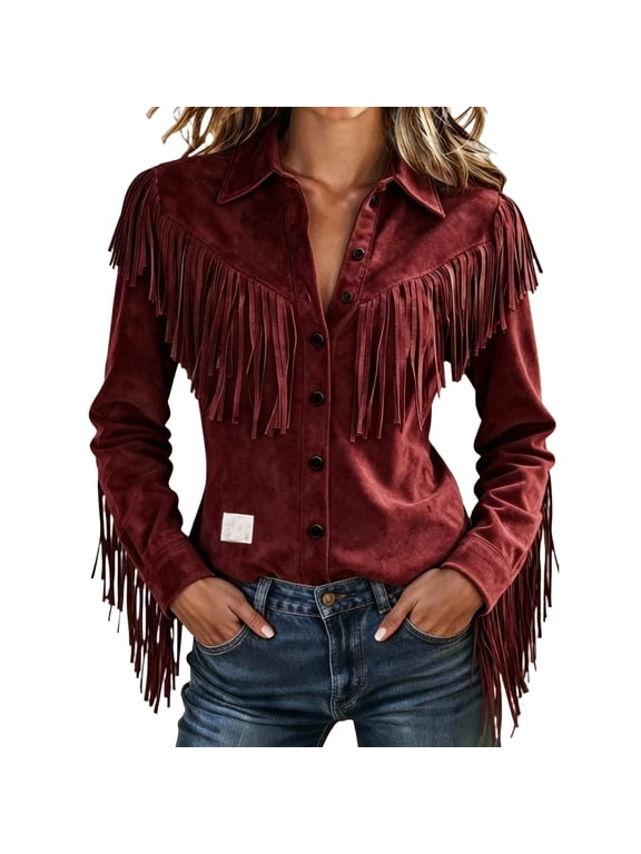 Western Outfit For Women Faux Suede Western Fringe Decor Jacket Button Down Slim Fit Casual Outerwear Trendy Fall Outfits