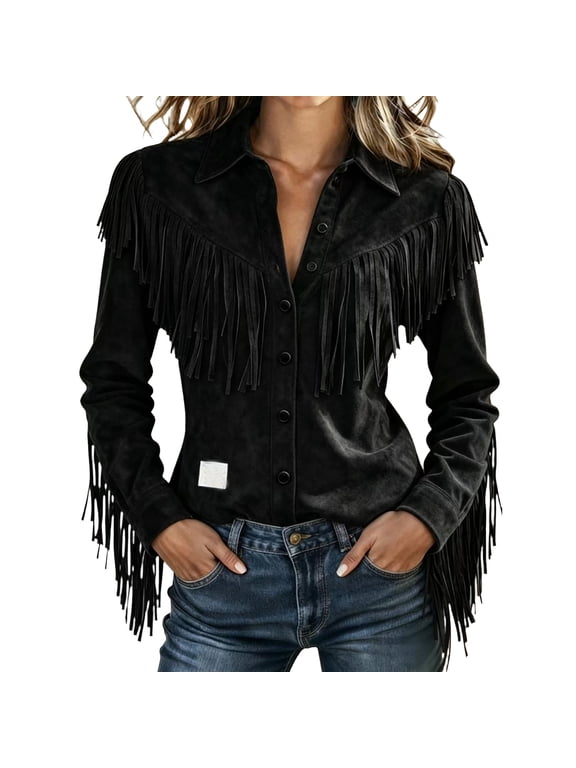 Western Outfit For Women Faux Suede Western Fringe Decor Jacket Button Down Slim Fit Casual Outerwear Trendy Fall Outfits
