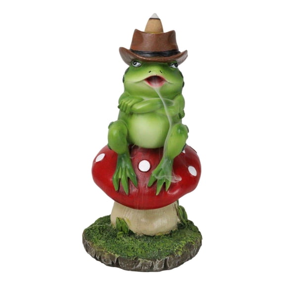 Western Outlaw Cowboy Frog On Mushroom Backflow Incense Cone Burner Figurine