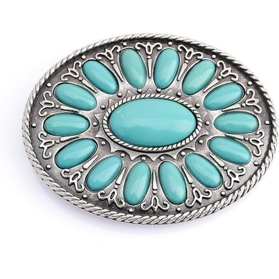 Western Oval Belt Buckle, Turquoise Flower Design, Fits 1.5 Inch Belts HRBK T6339