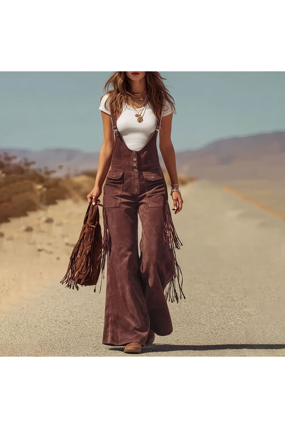 Western Overalls for Women, Suede Fringe Wide Leg Jumpsuit, Vintage Cowgirl Outfit for Casual Wear and Western Parties Wine