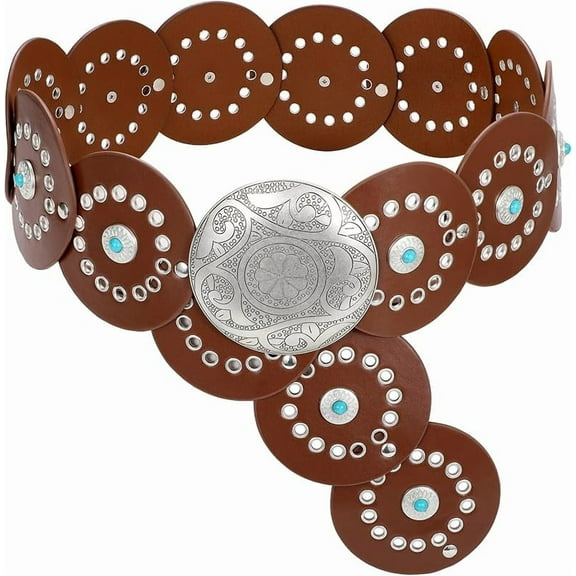 Western PU Leather Belt Women's Concho Cowgirl Round Disc Belt Women's Wide Bohemian Country Belt Dress