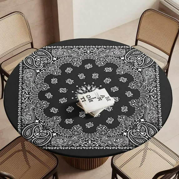 Western Paisley Bandanas Round Table Cover Kitchen Printed Waterproof Tablecloth Elastic Edged Tablecloth Fits Party Wedding Indoor Outdoor Tables