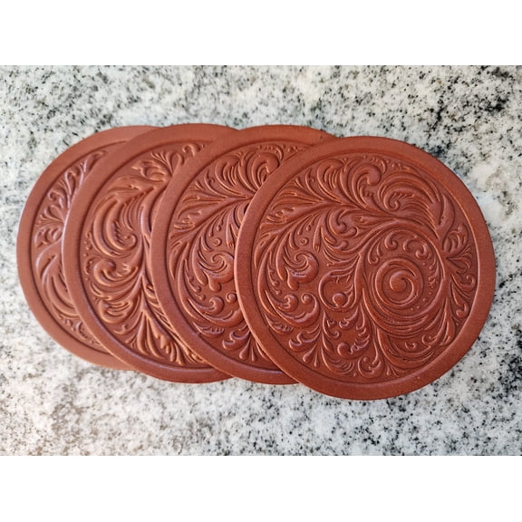 Western Paisley Leather Coasters, Full Grain 10 oz leather, Brown color, Set of 4