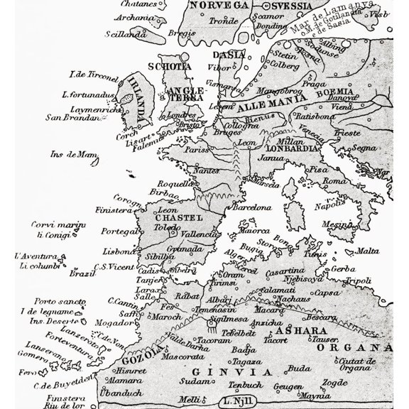 Western Part Of The Catalan Map Of The World, 1275. From The Book Life Of Christopher Columbus By Clements R. Markham Published 1892. by Hilary Jane Morgan / Design Pics (26 x 28)