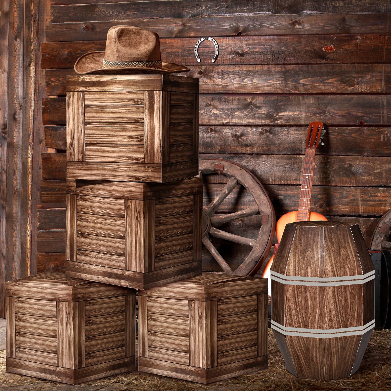 Rustic Bar Props Western Party Decor Set 6 Pc Wood Grain Boxes & Barrel Props for Rustic ...