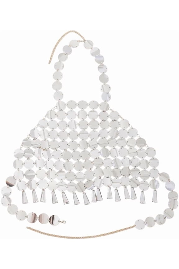 1Pc Silver Sequin Bikini Top Summer Beach Tassel Plastic Outfit Glitter Halter Backless Crop Top Sexy Bra Body Chain Hollow Out Tops Jewelry Chest Chains for Women Nightclub Rave Party