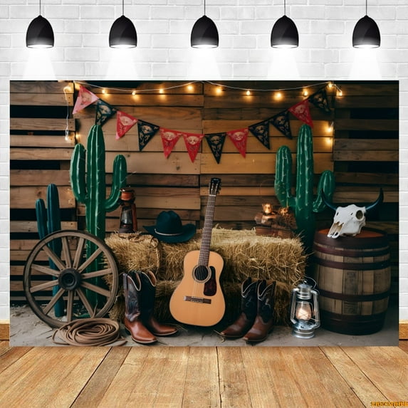 Western Party Photography Backdrop Cactus Haystack Guitar Boots West Cowboy Birthday Party Photo Background r Photostudio