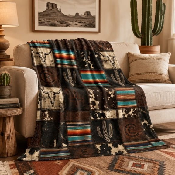 Western Patchwork Fleece Blanket, Cowhide & Serape Print Throw, Rustic Southwestern Cactus Skull Home Decor