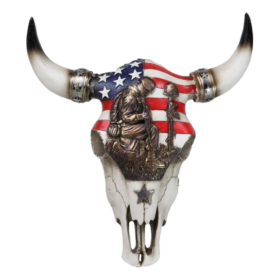 Western Patriotic USA Flag Helmet Rifle Soldier Memorial Cow Skull Wall Decor