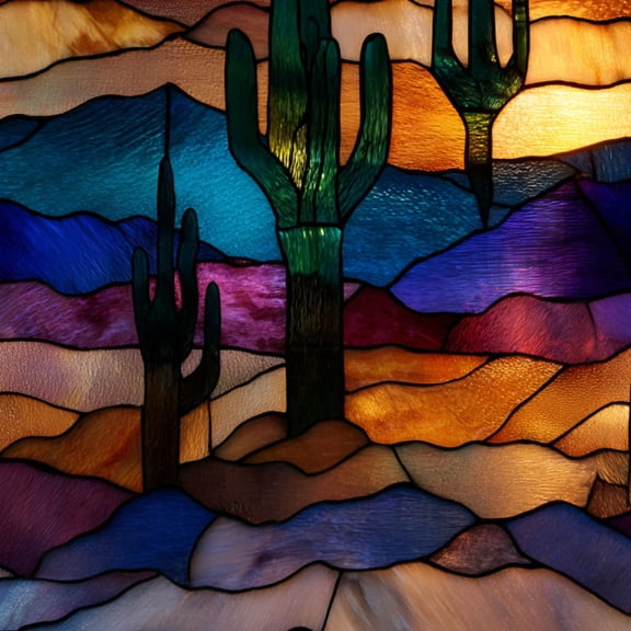 Western Peel and Stick Wallpaper Cactus Stained Glass Art Luminous Colors Mountain Backdrop Wall Mural 17.7in x 9.8ft Self Adhesive Removable Wall Paper Renter Friendly Wallpaper for Bedroom