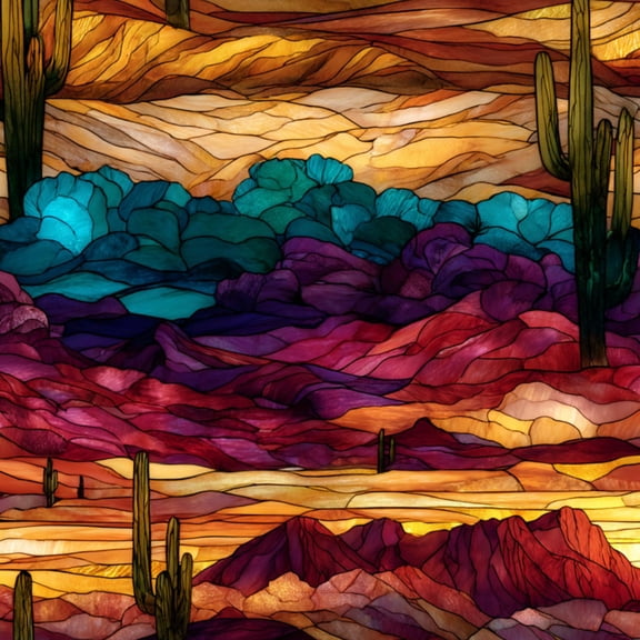 Western Peel and Stick Wallpaper Contemplative Desert View Stained Glass Sand Dunes Clouds Wall Mural 17.7in x 9.8ft Self Adhesive Removable Wall Paper Renter Friendly Wallpaper for Bedroom