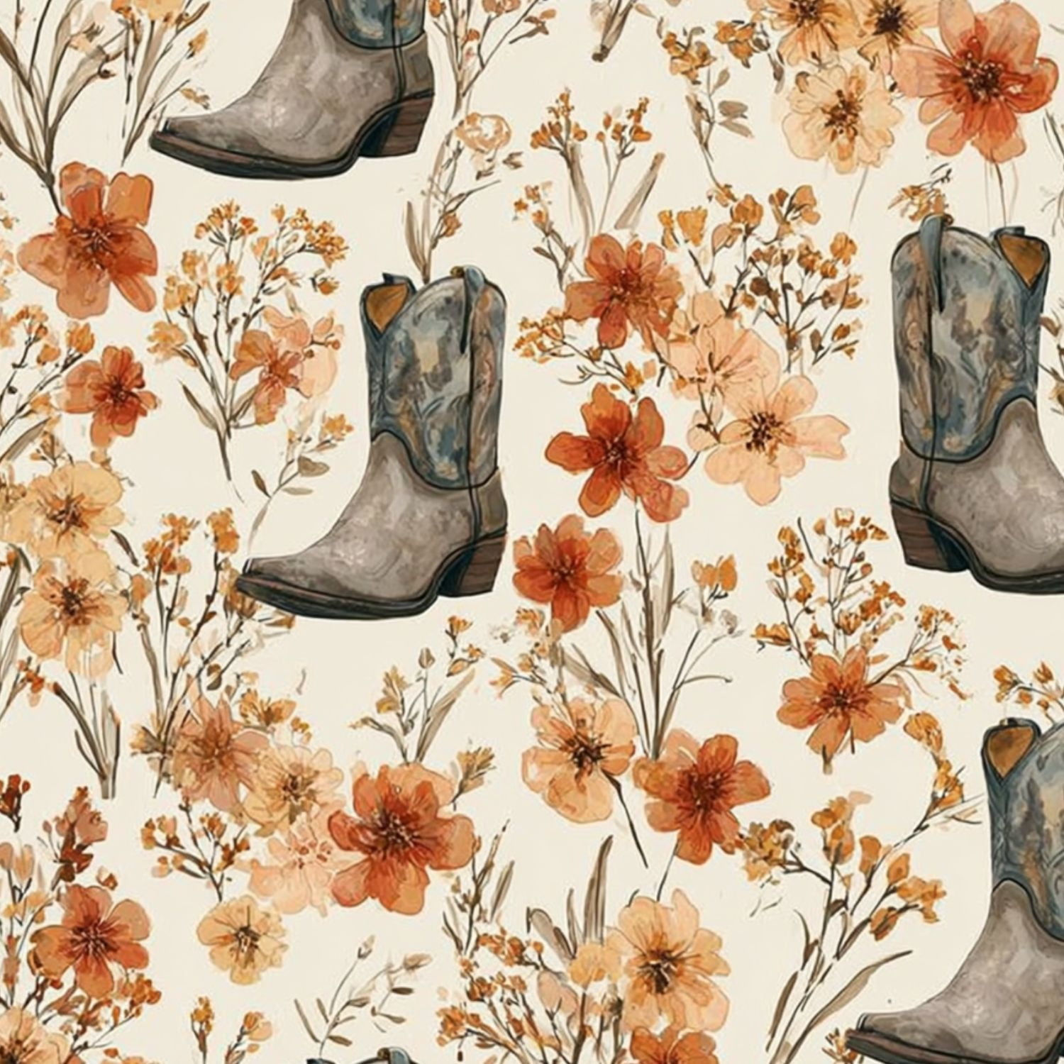 Western Peel and Stick Wallpaper Cowboy Boots Floral Bouquet Warm Earth Tones Wall Mural 23.6in x 9.8ft Self Adhesive Removable Wall Paper Renter Friendly Wallpaper for Nursery Bedroom Cabinets