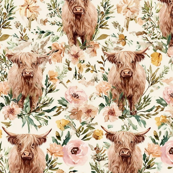Western Peel and Stick Wallpaper Highland Cow Floral Soft Pastels Wall Mural 17.7in x 9.8ft Self Adhesive Removable Wall Paper Renter Friendly Wallpaper for Nursery Bedroom Cabinets