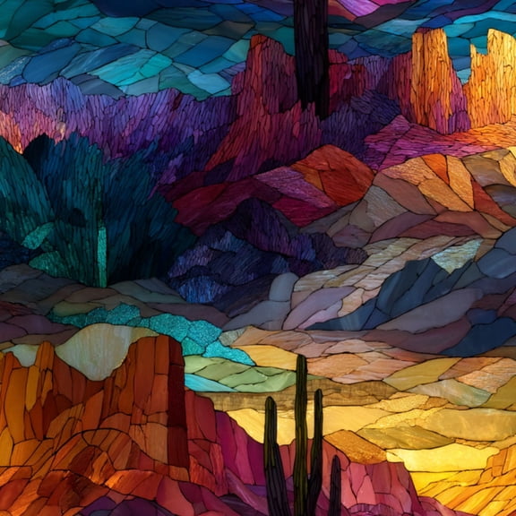 Western Peel and Stick Wallpaper Mystical Desert Panorama Stained Glass Artwork Saguaro Cactus Wall Mural 17.7in x 9.8ft Self Adhesive Removable Wall Paper Renter Friendly Wallpaper for Bedroom