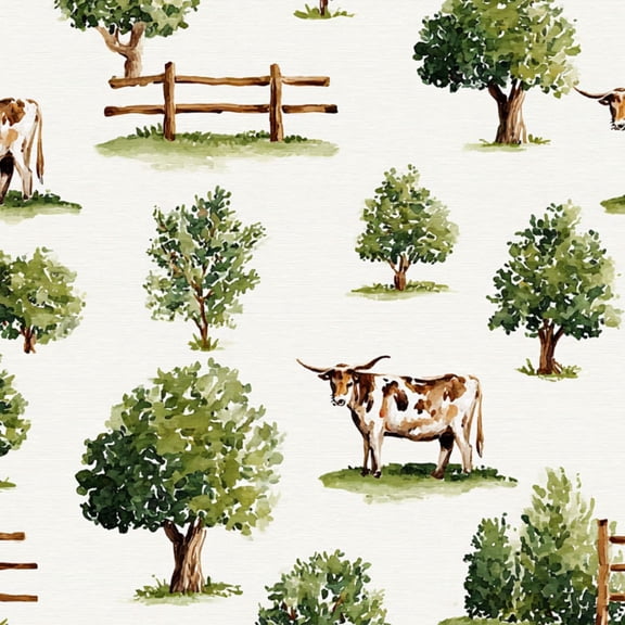 Western Peel and Stick Wallpaper Watercolor Landscape Cows Trees Wooden Fences Wall Mural 17.7in x 9.8ft Self Adhesive Removable Wall Paper Renter Friendly Wallpaper for Nursery Bedroom Cabinets