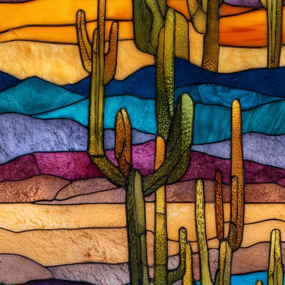 Western Peel and Stick Wallpaper Western Desert Landscape Stained Glass Mesas Cacti Wall Mural 23.6in x 9.8ft Self Adhesive Removable Wall Paper Renter Friendly Wallpaper for Bedroom