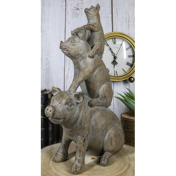 Western Piggyback Ride Rustic Farmhouse 3 Stacked Pigs Piglets Family Figurine