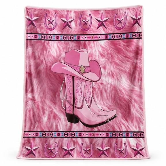 Western Pink Fleece Blanket, Cowboy Boot and Hat Printed Throw, Soft Polyester Blanket
