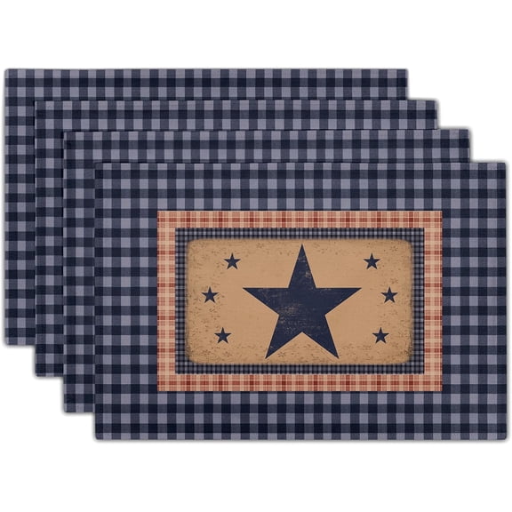 Western Placemat Set of 4 Primitive Stars Linen Washable Place Mat 18 x 12 Inch Navy Blue Red Classic Buffalo Plaid Decorative Farmhouse Country Desktop Decor Table Mat for Party Din