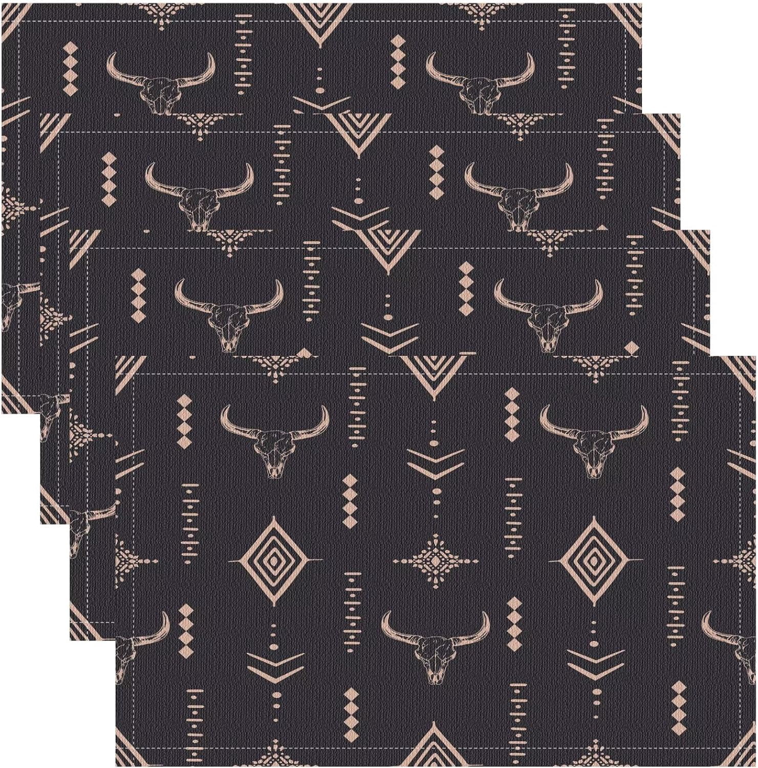 Western Placemats Set of 4, 18x12 Inch Bull Skull Boho Aesthetic Aztec ...